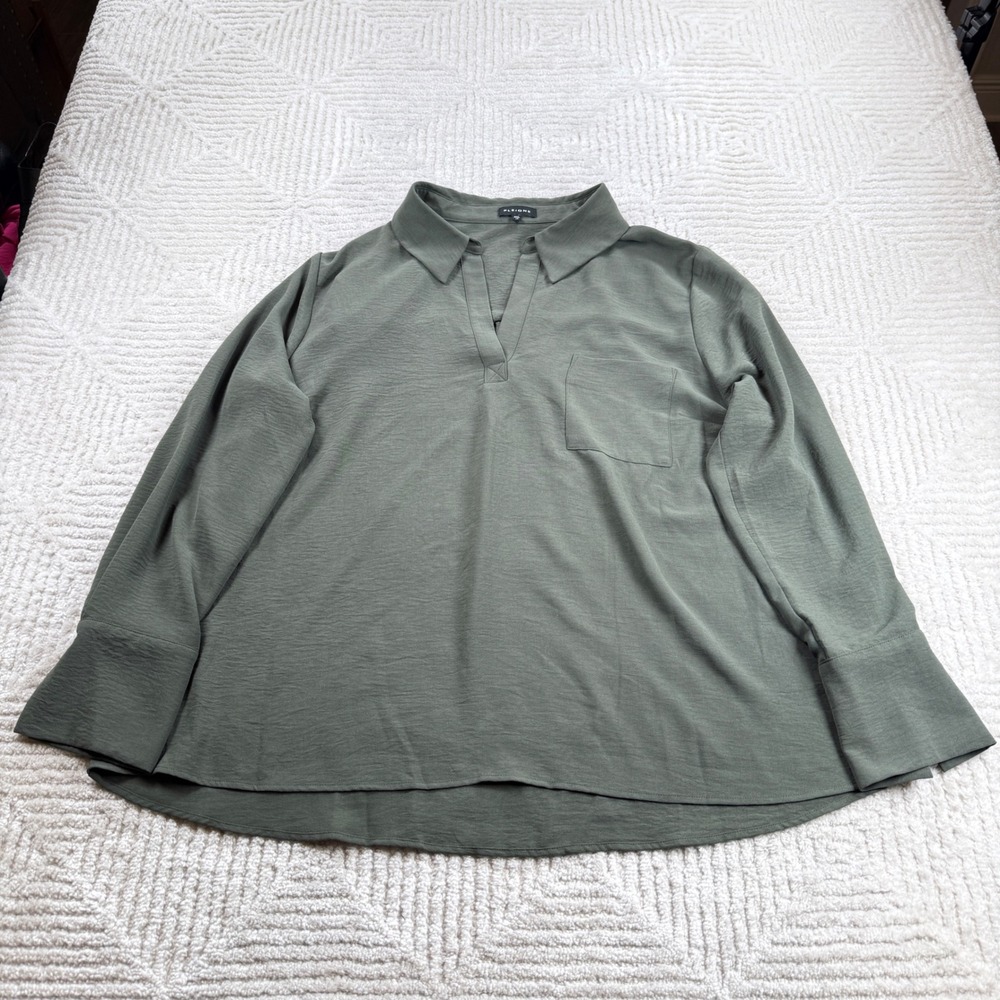 Pleione Anthropologie Blouse Women 1X Olive Green Long Sleeve Earthy Office Top